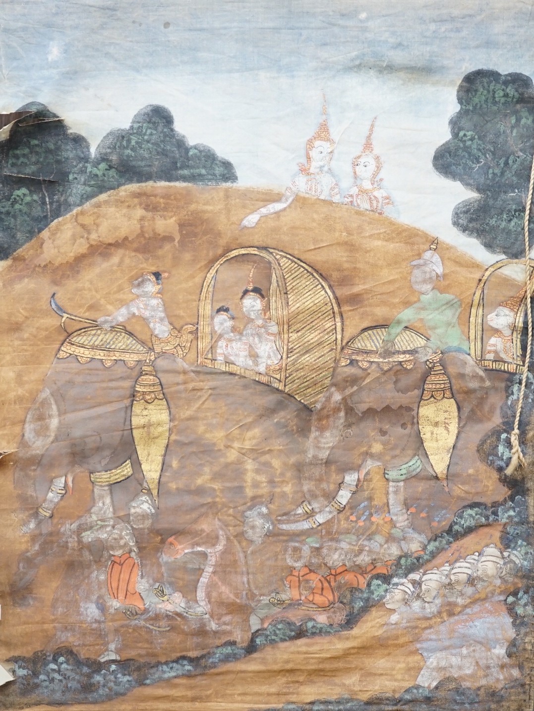 A 19th century Thai altar scroll, figures in landscape, 57x43cm